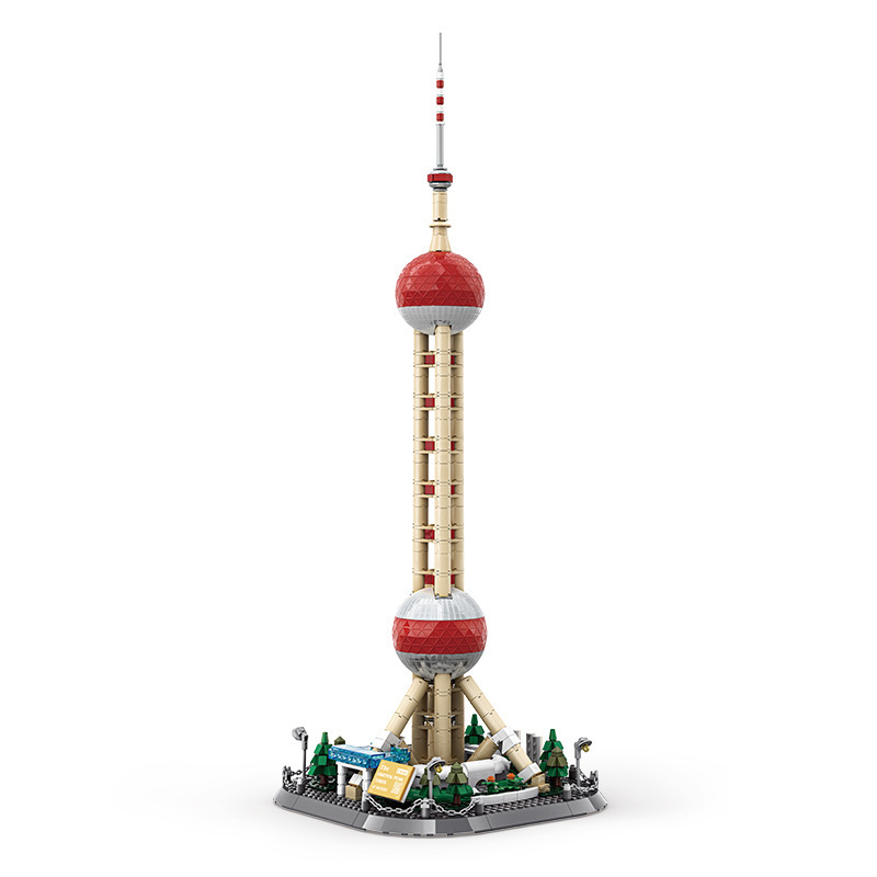 WANGE Oriental Pearl Tower building blocks model with 834 pieces, showcasing tall structure, signature spheres, stable base platform, and clean display-ready architectural design