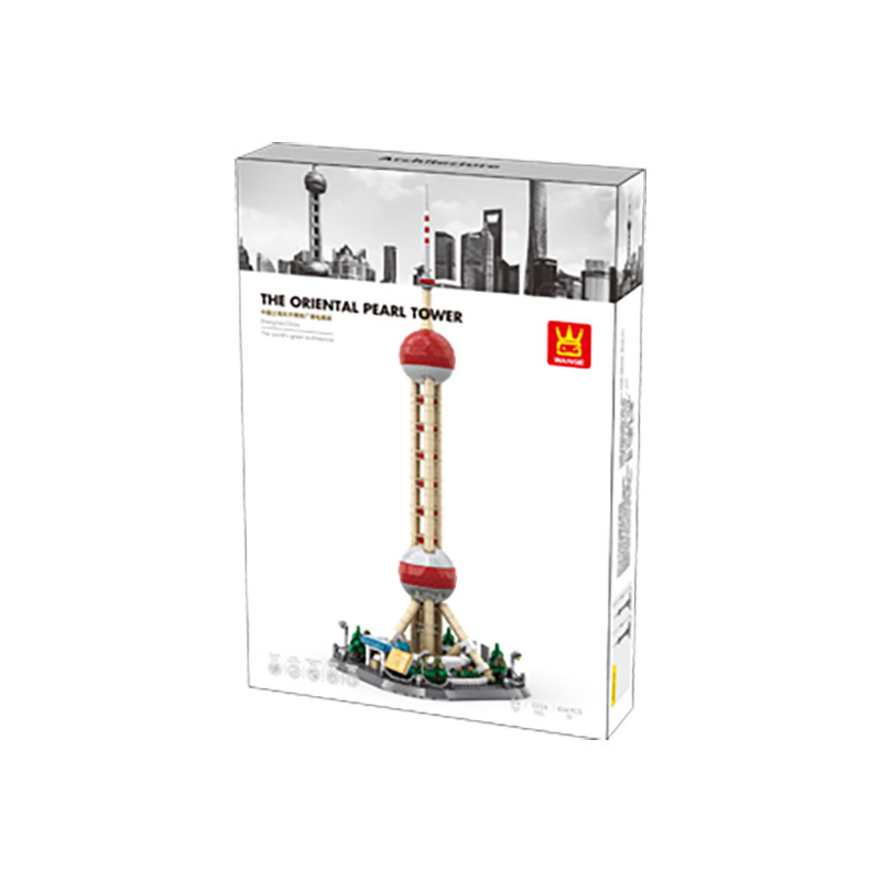 WANGE Oriental Pearl Tower building blocks packaging box featuring product image, skyline illustration, and clean presentation for retail display and gifting