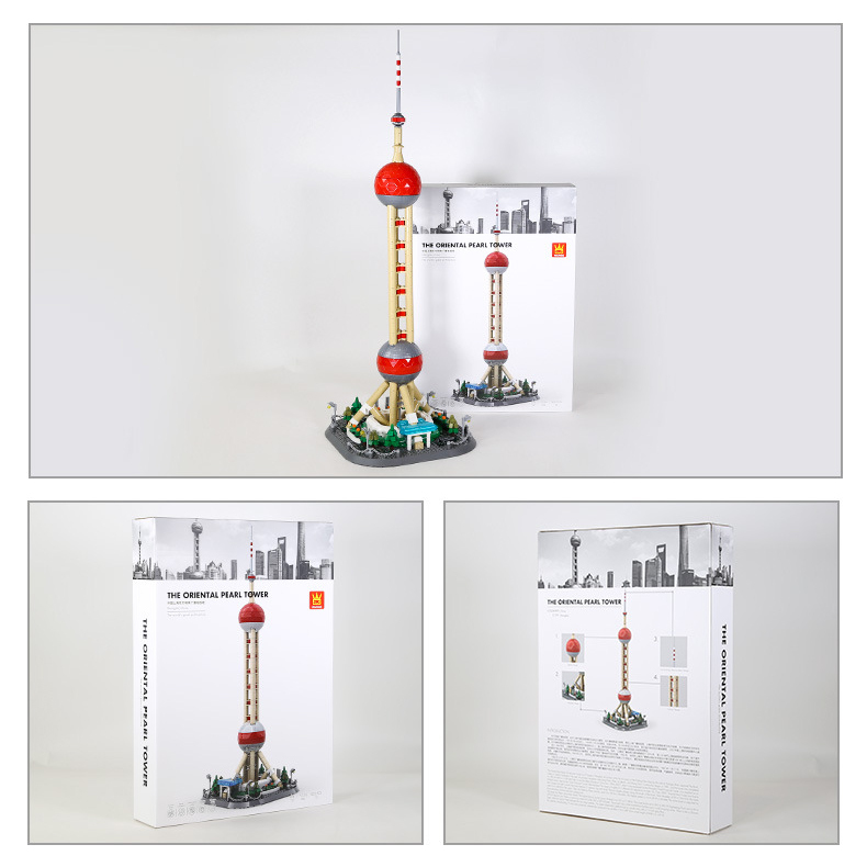 Oriental Pearl Tower building blocks set with completed model and packaging box, showcasing front and back box design, product presentation, and display-ready architectural model