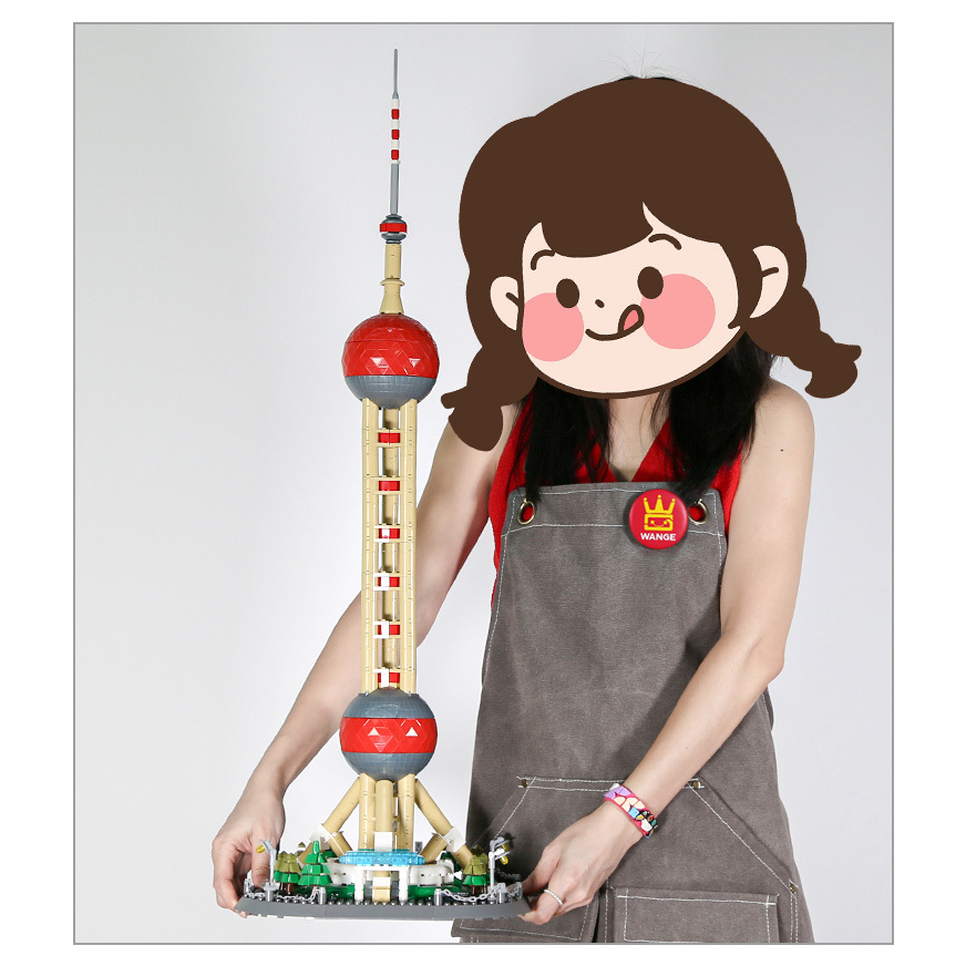 WANGE Oriental Pearl Tower building blocks model displayed with detailed base, signature red spheres, and tall structure, ideal for desk or shelf decoration