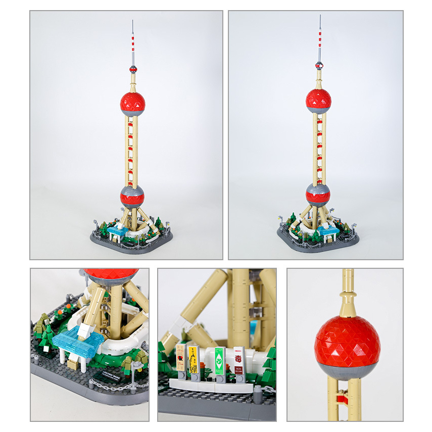 WANGE Oriental Pearl Tower building blocks model with multi-angle views, highlighting tall structure, spherical tower design, detailed base landscaping, and close-up architectural elements