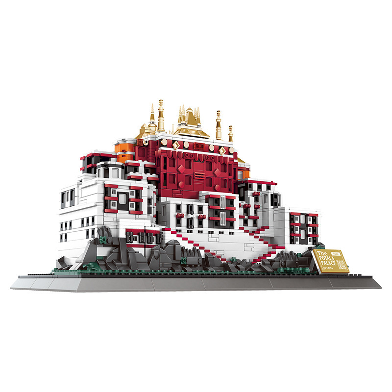 Potala Palace Tibet building blocks model showcasing detailed facade, stepped terraces, and golden roof elements on a clean background, ideal for display and collection