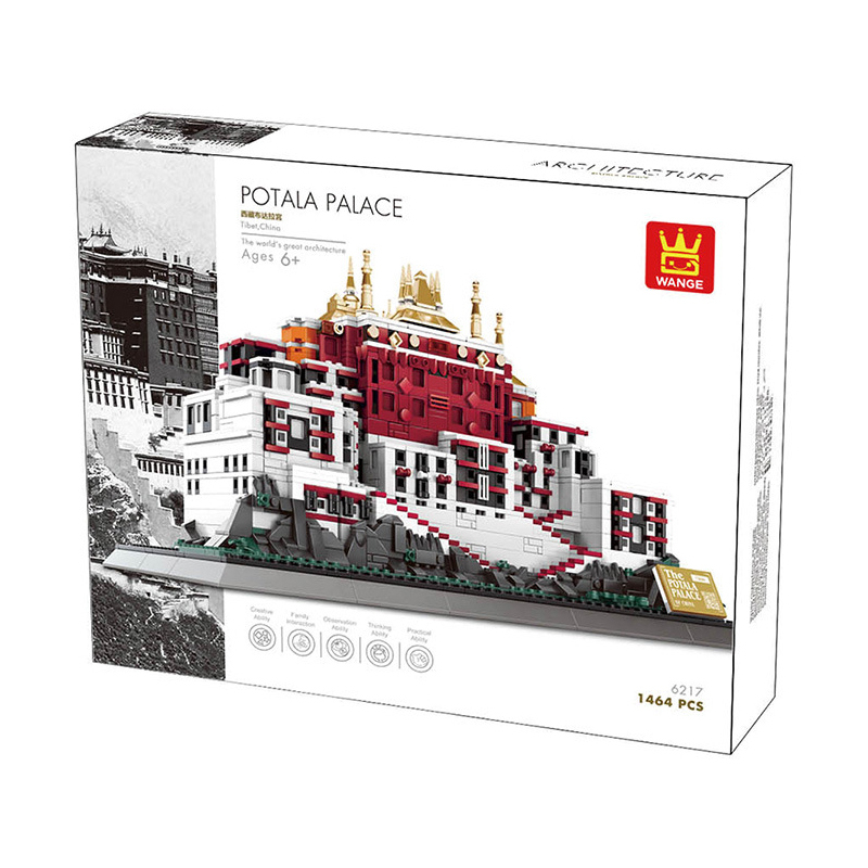 WANGE Potala Palace building blocks set packaging showing model design, 1,464 pieces, and architectural details, ideal for gifting and collection