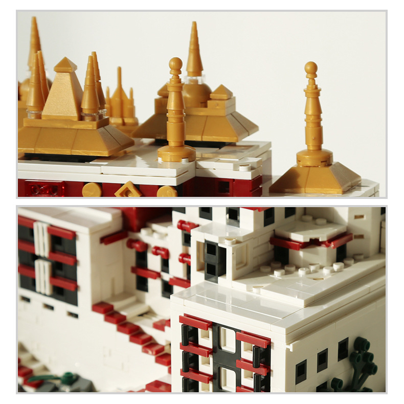 Close-up of Potala Palace building blocks model highlighting golden roof elements, window details, and textured brick design for a realistic architectural finish