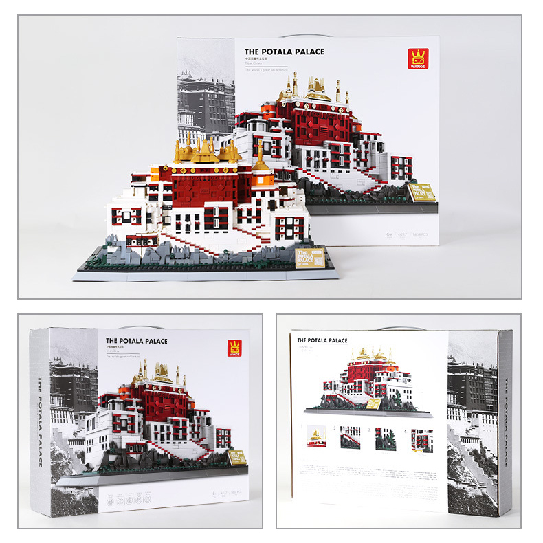 WANGE Potala Palace building blocks model displayed with packaging box, showing front and back design, detailed structure, and complete set presentation