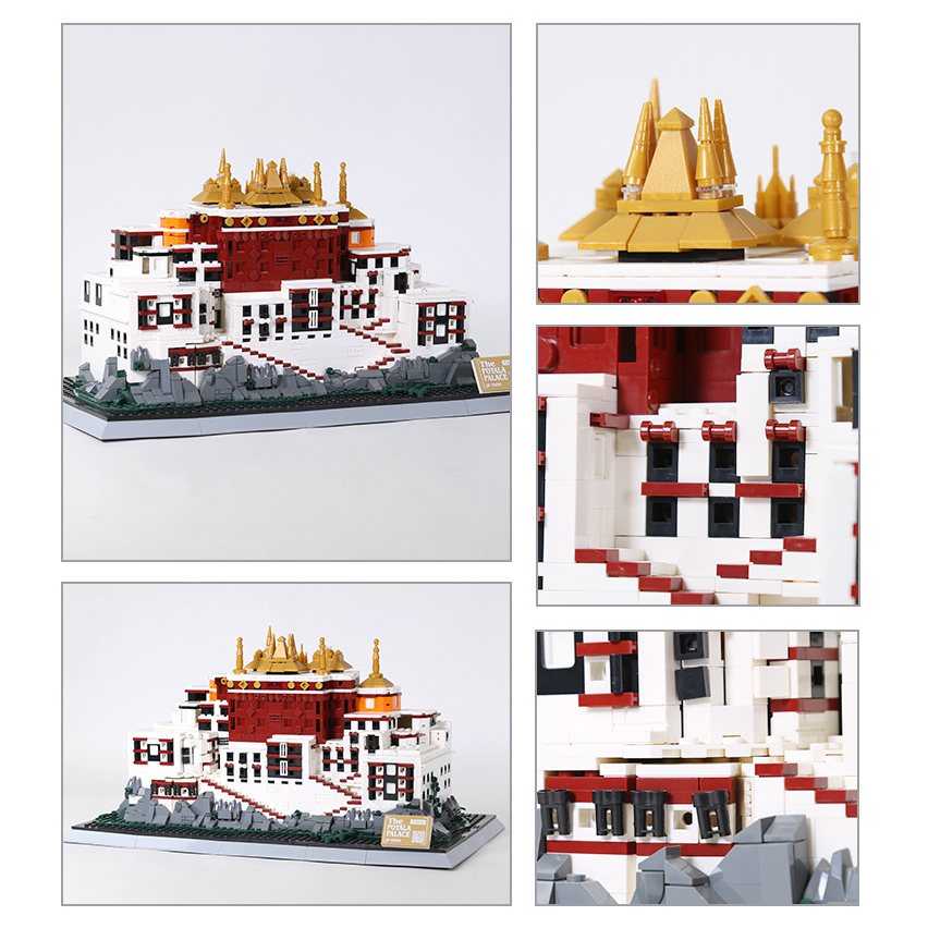 Potala Palace building blocks model with multiple angles and close-up details, highlighting golden rooftops, textured walls, and intricate architectural elements