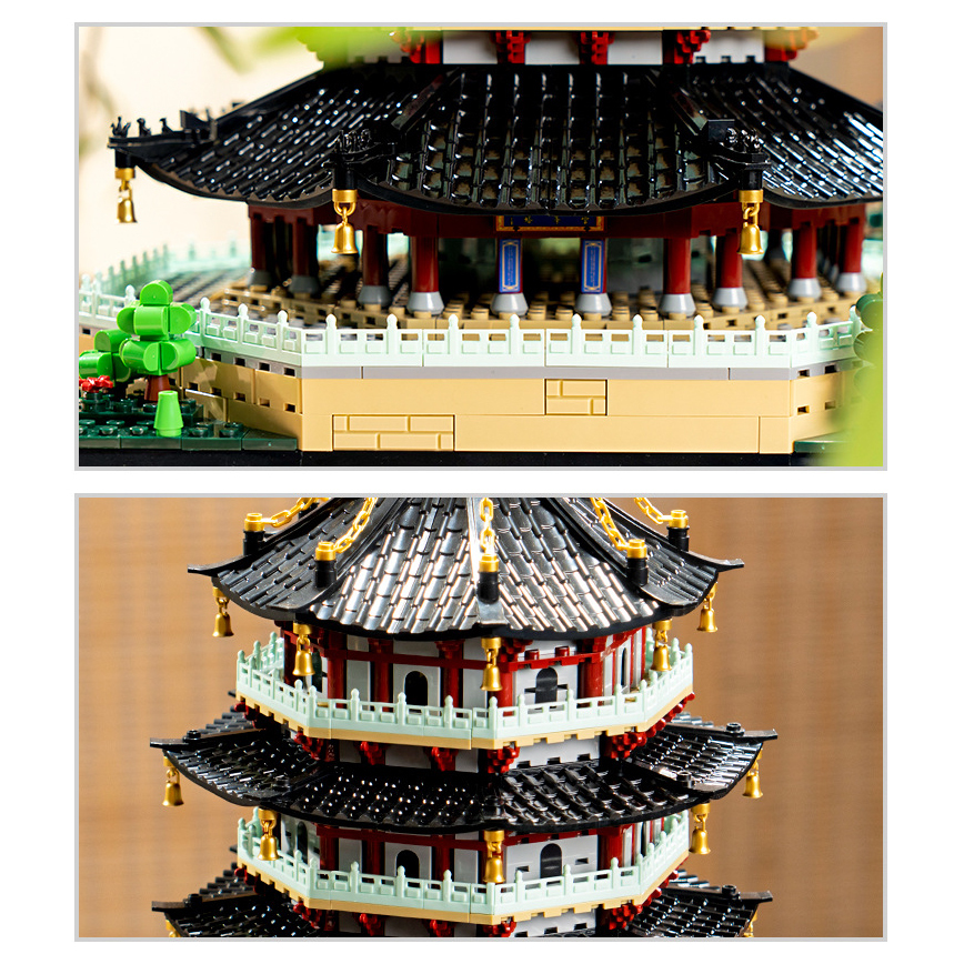 Leifeng Pagoda building blocks model close-up showing base structure, tiled roof details, railings, and architectural elements