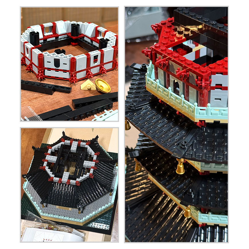Leifeng Pagoda building blocks assembly details showing structure, layered roof construction, and intricate architectural components