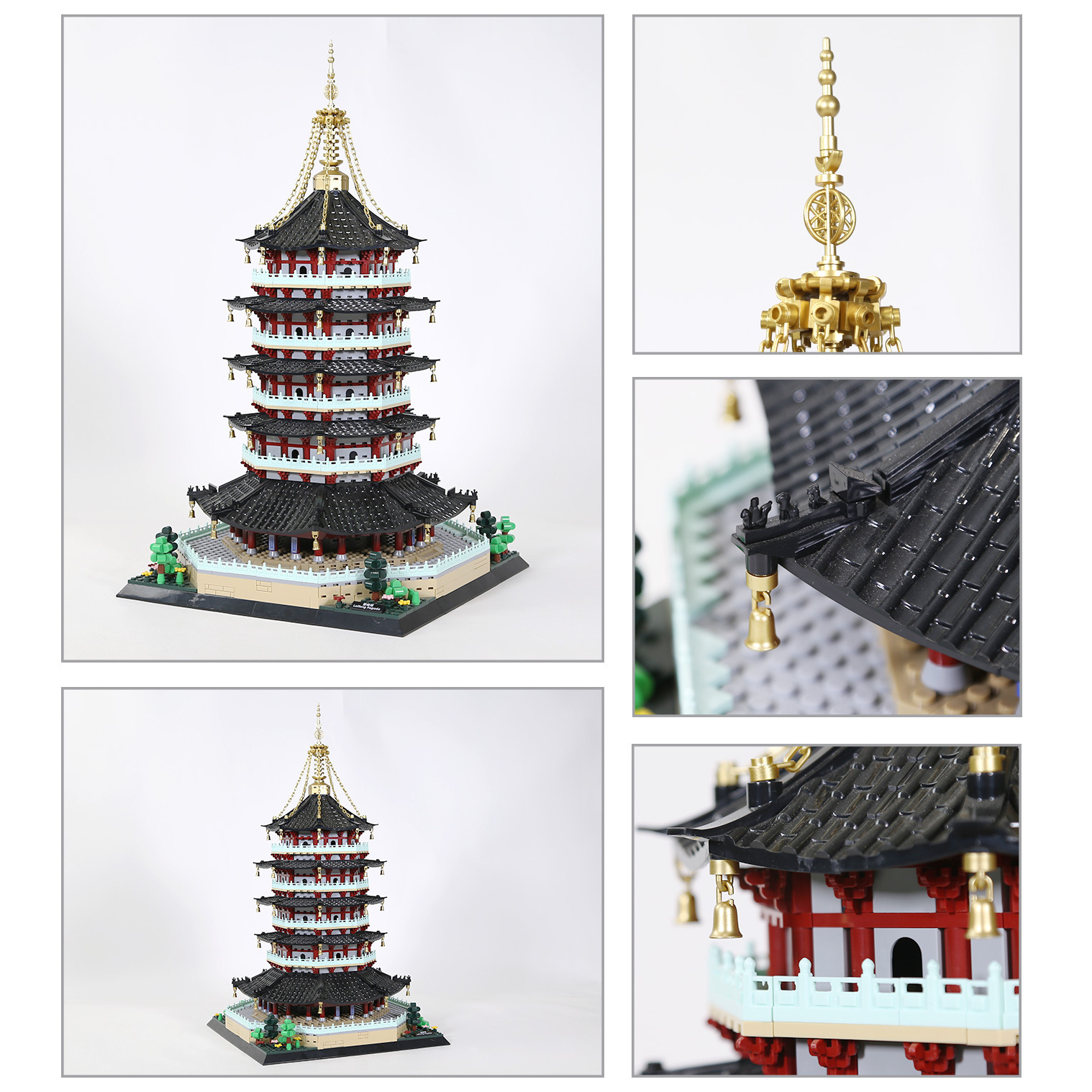 Leifeng Pagoda building blocks model with multi-tiered structure, detailed rooflines, golden spire, and close-up architectural elements