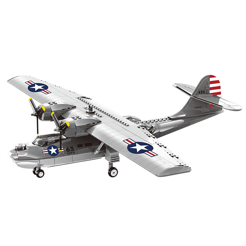 WANGE PBY-5A Catalina seaplane building blocks model on clean background, showing detailed fuselage, twin engines, and landing gear design