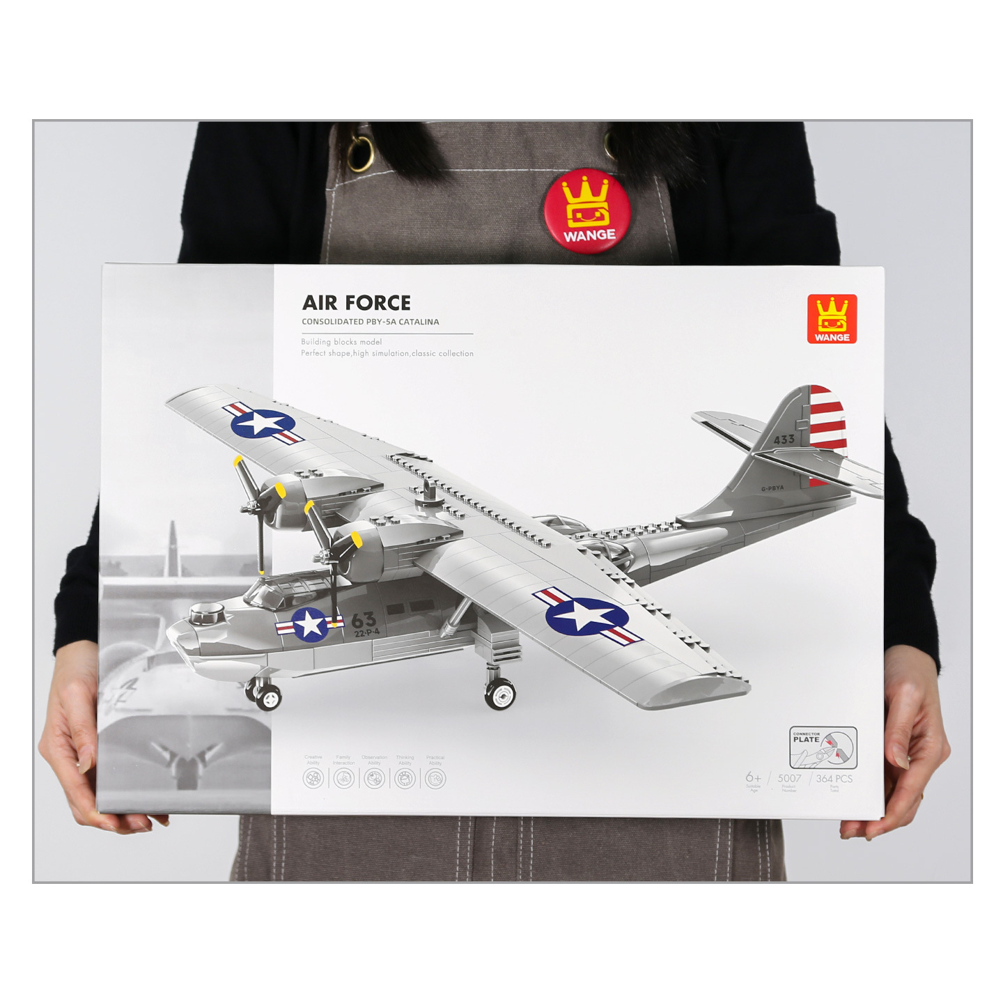 WANGE PBY-5A Catalina seaplane building blocks retail box held for scale and packaging presentation