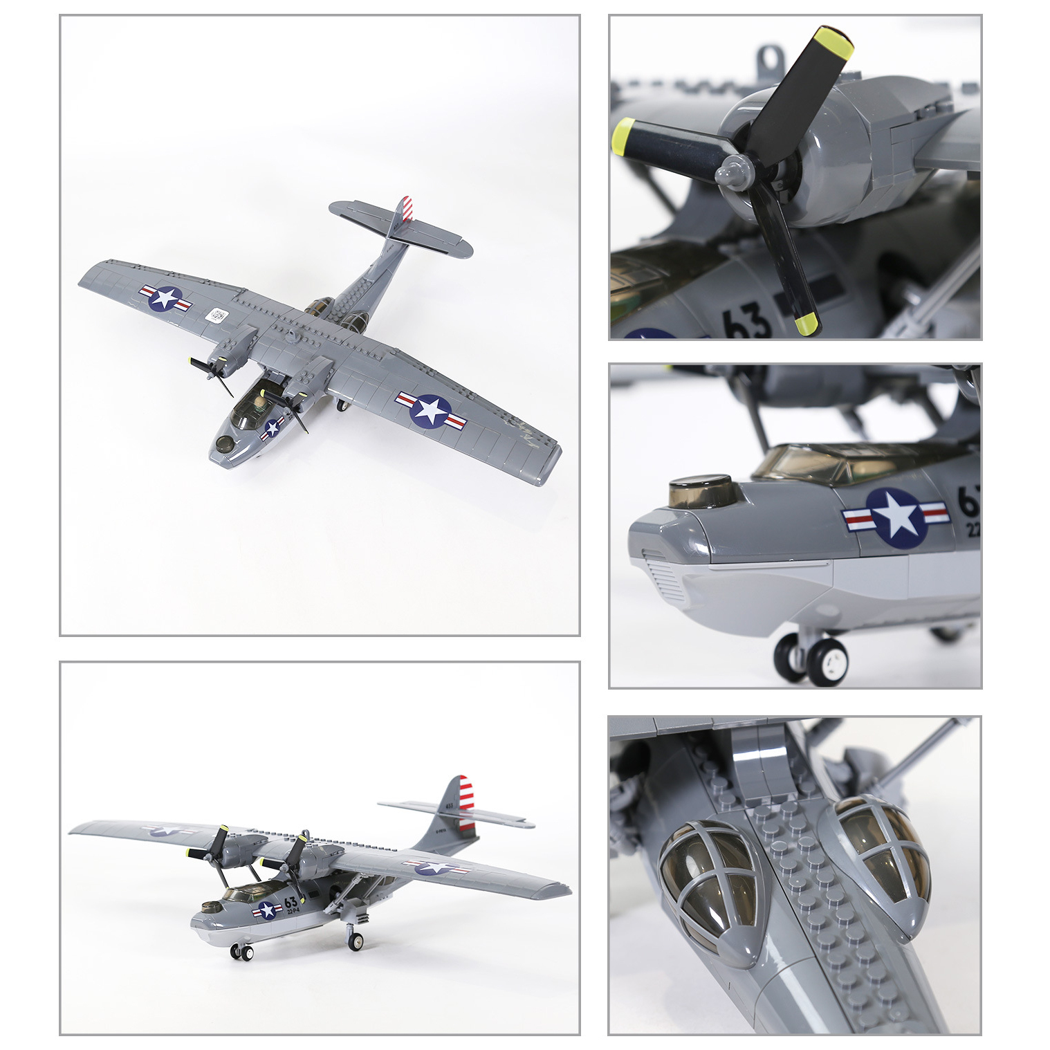 PBY-5A Catalina seaplane building blocks model showing top view, front angle, propeller detail, cockpit, and landing gear