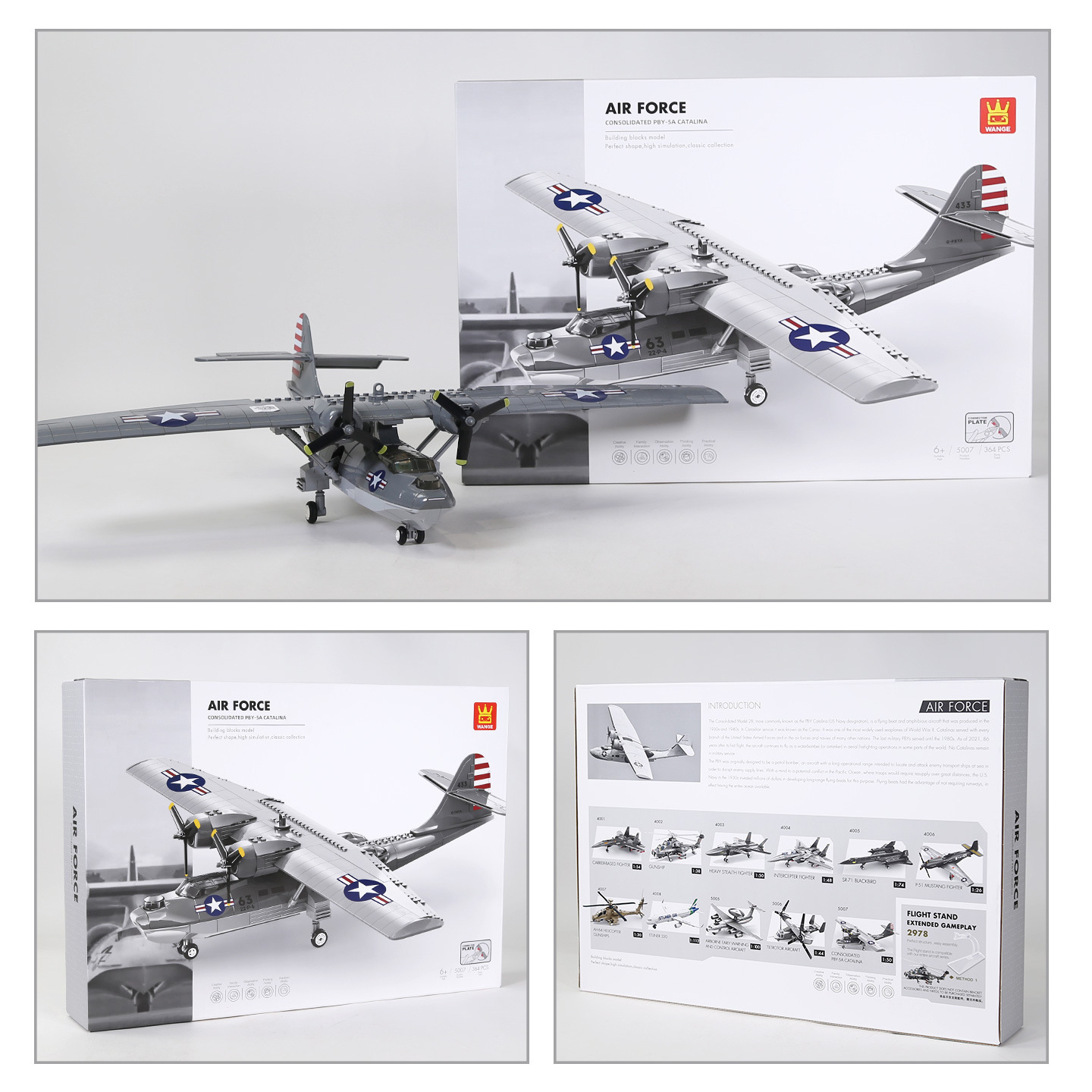 WANGE PBY-5A Catalina seaplane building blocks with retail box, front and back packaging design and assembled display model