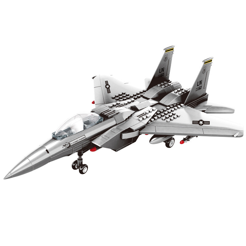 F-15 Eagle fighter jet building blocks model on clean background, highlighting angular wings, twin vertical stabilizers, and detailed surface bricks