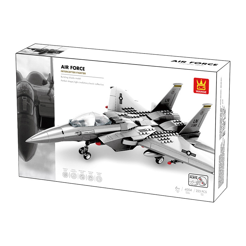 F-15 Eagle fighter jet building blocks set box packaging showing assembled model, air force theme design, and 223-piece construction set details