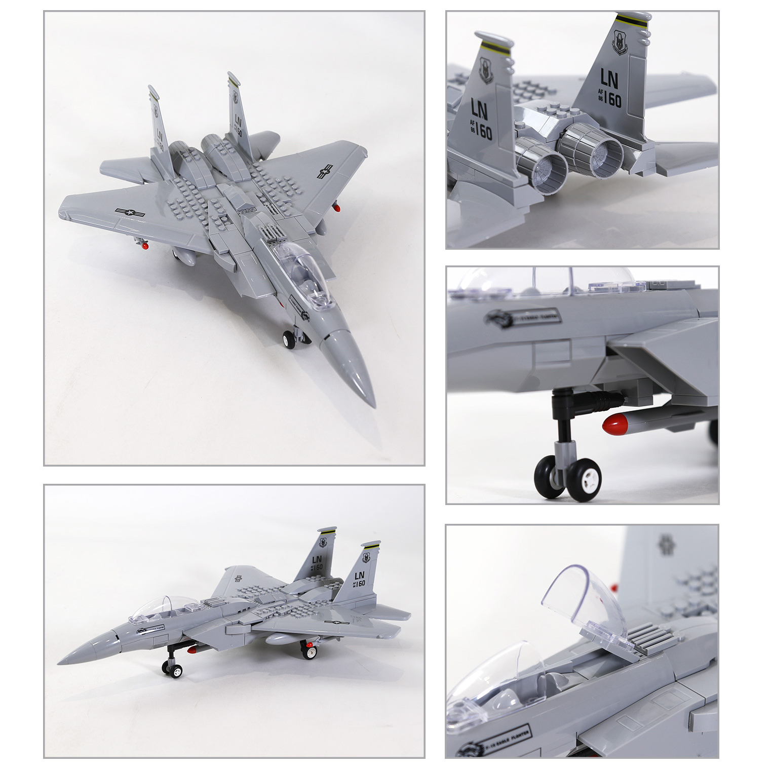 F-15 Eagle fighter jet building blocks model multi-angle view with close-up details of engines, cockpit, landing gear, and surface brick construction