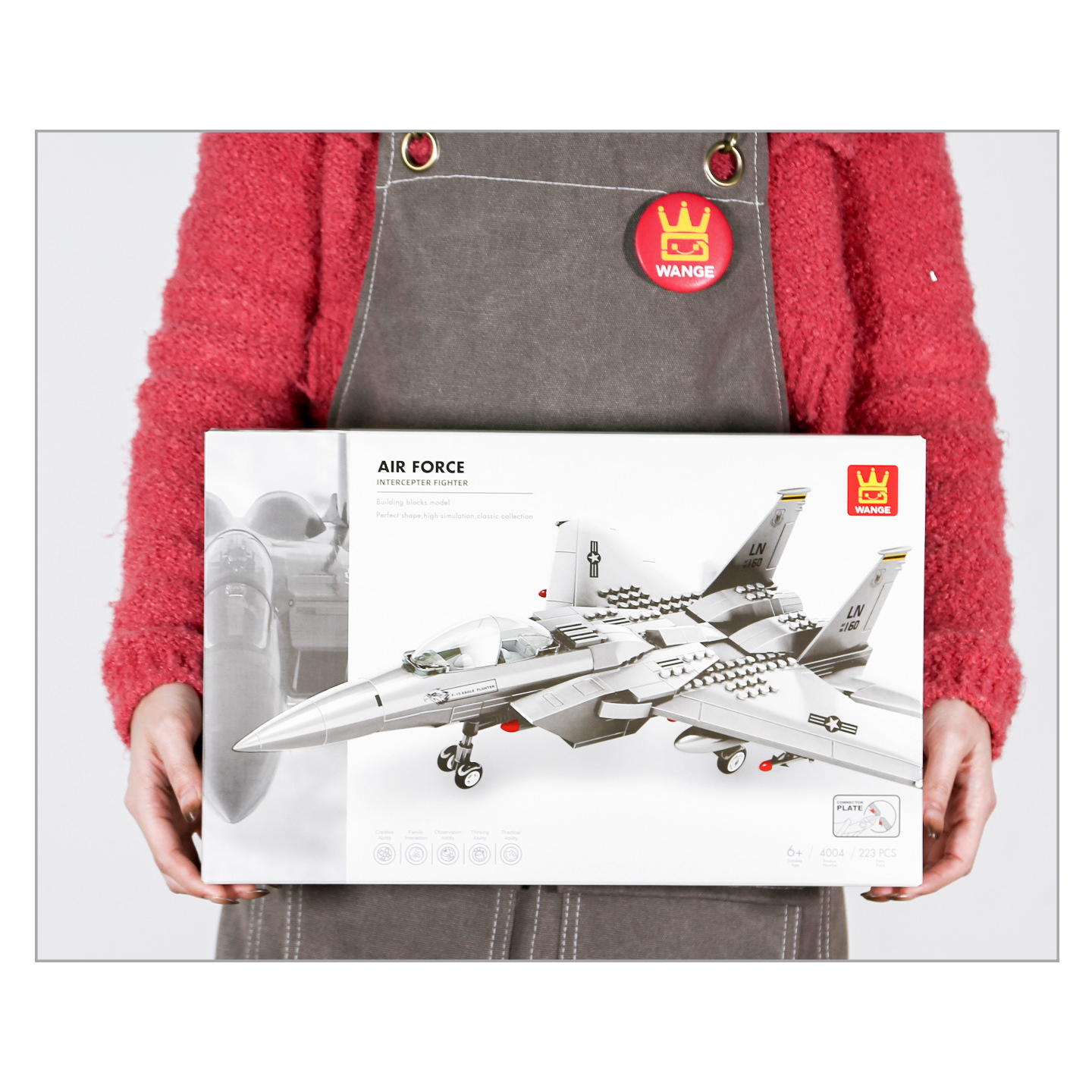 F-15 Eagle fighter jet building blocks set with retail box, highlighting product scale, air force branding, and complete packaging presentation