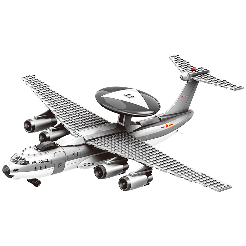 AWACS aircraft building blocks model featuring radar dome, wide wingspan, and detailed multi-engine design on clean background