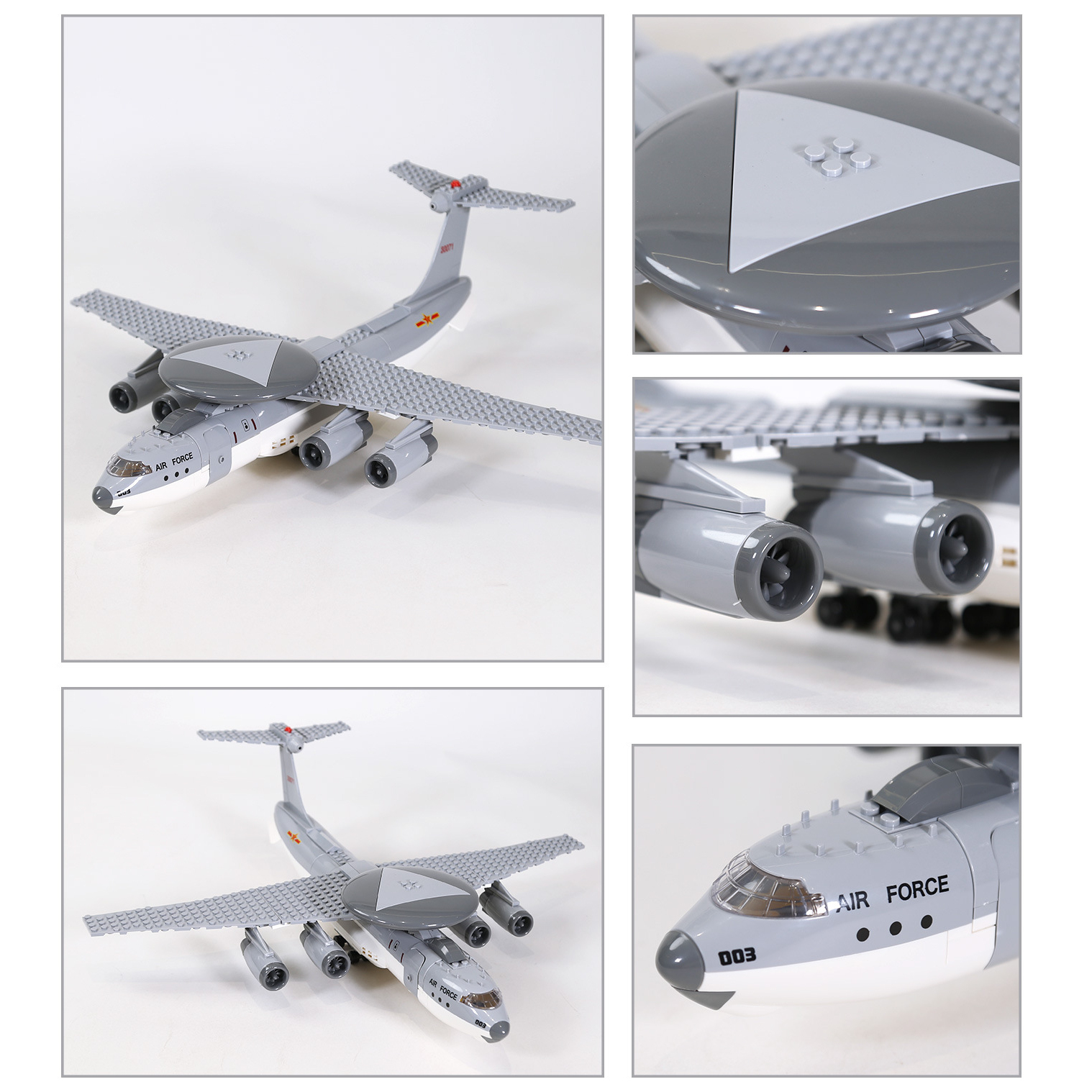 AWACS aircraft building blocks model collage showing radar dome, engine details, cockpit, and multi-angle views on clean background