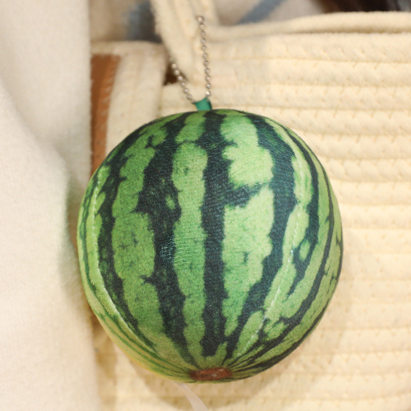 Small round watermelon plush keychain with soft fabric and realistic fruit texture