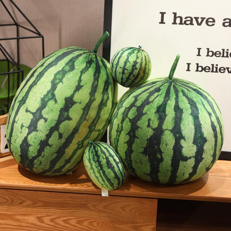 Realistic watermelon plush pillows in round and rectangle shapes with matching mini keychain cushions