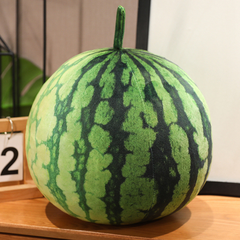 Round realistic watermelon plush pillow with soft texture and lifelike fruit design