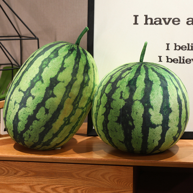 Soft round and long watermelon plush cushions with realistic fruit design for sofa and home decor