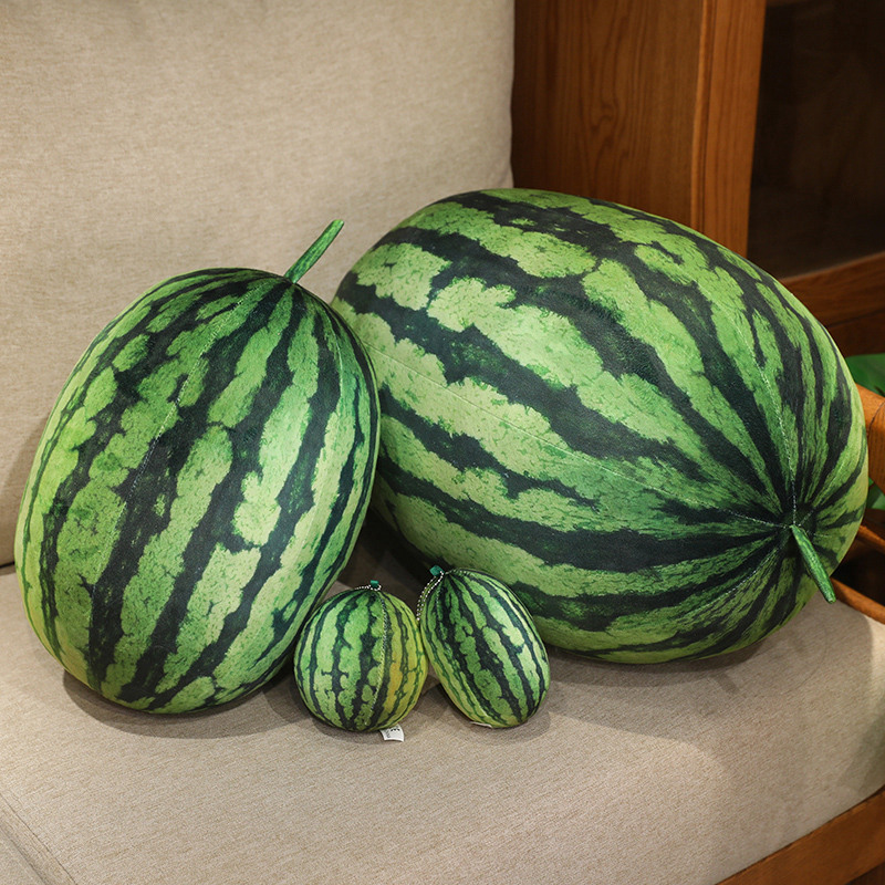 Round and rectangle watermelon plush cushions with mini fruit keychains for cute home decoration
