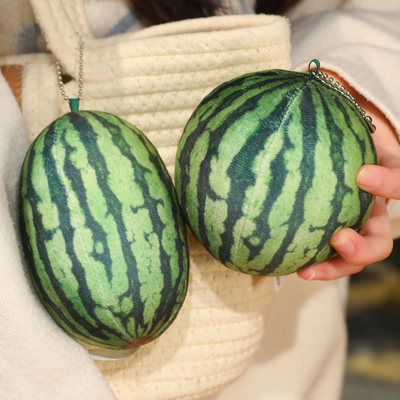 Mini watermelon plush keychain cushions with realistic round and rectangle fruit designs