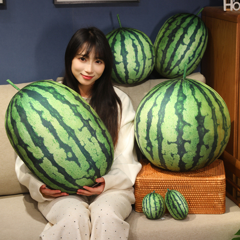 Realistic watermelon plush pillow in round and rectangle styles displayed as cozy home decor cushions