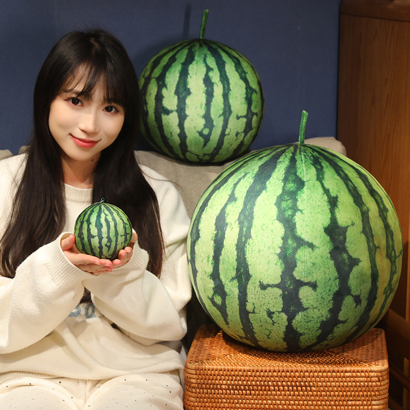 Realistic watermelon plush pillows in multiple sizes displayed as cozy sofa and home decor cushions