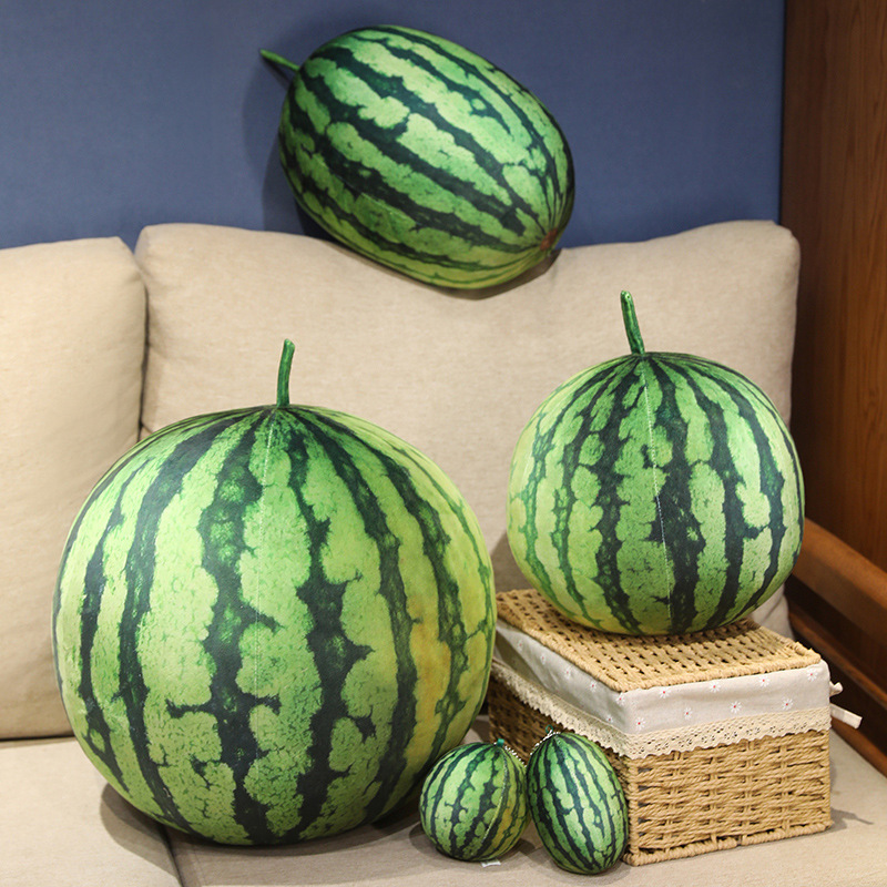 Soft round watermelon plush pillows with realistic fruit patterns for hugging and bedroom decor