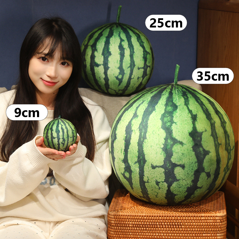 Round watermelon plush pillow size comparison showing 9cm, 25cm, and 35cm plush cushions