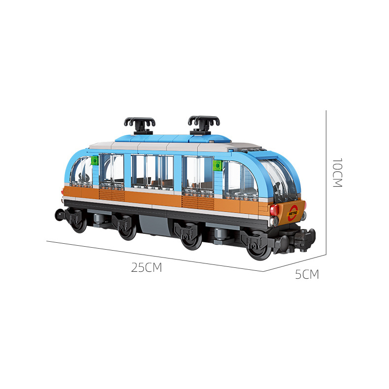 Mini subway train building blocks model included with the JIESTAR City Light Rail Station set, featuring transparent windows and rail transit details
