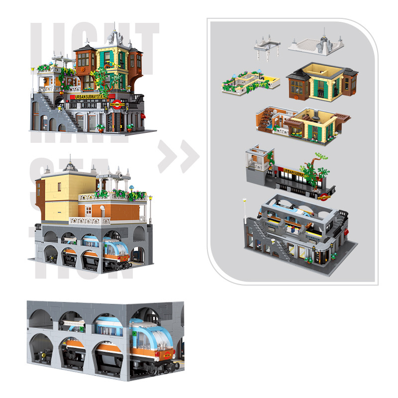 Exploded view of the JIESTAR City Light Rail Station building blocks set showing modular assembly structure, subway base, and detailed city architecture sections