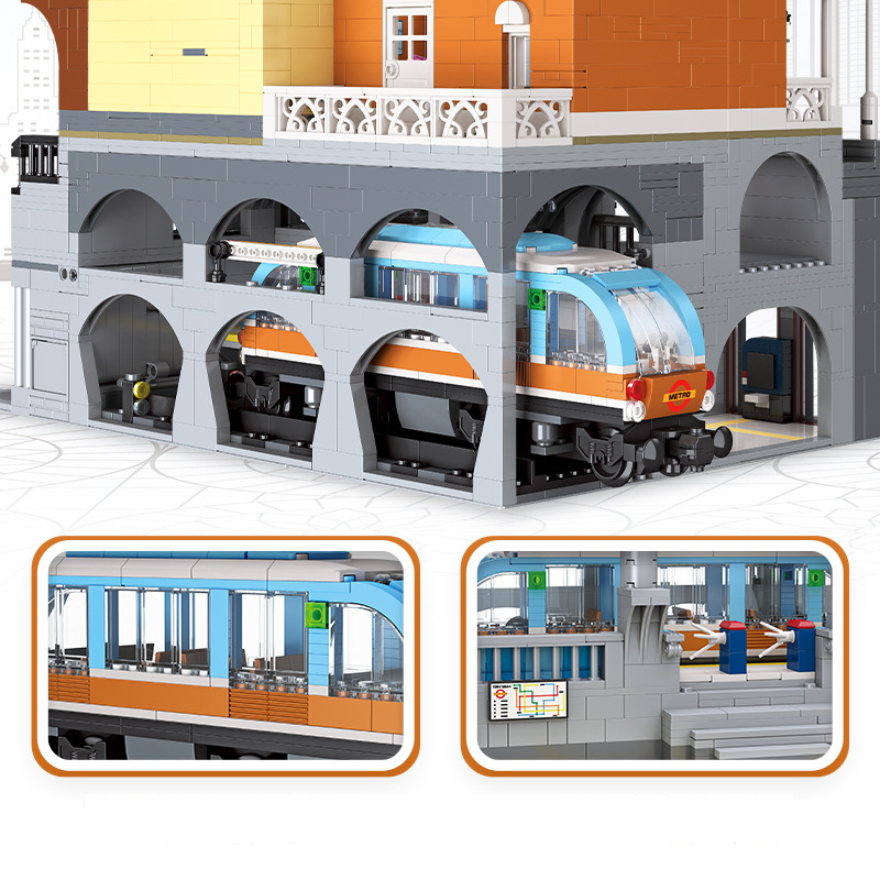 JIESTAR city rail station building blocks model featuring underground subway train details, station platform elements, arched architecture, and layered urban structure