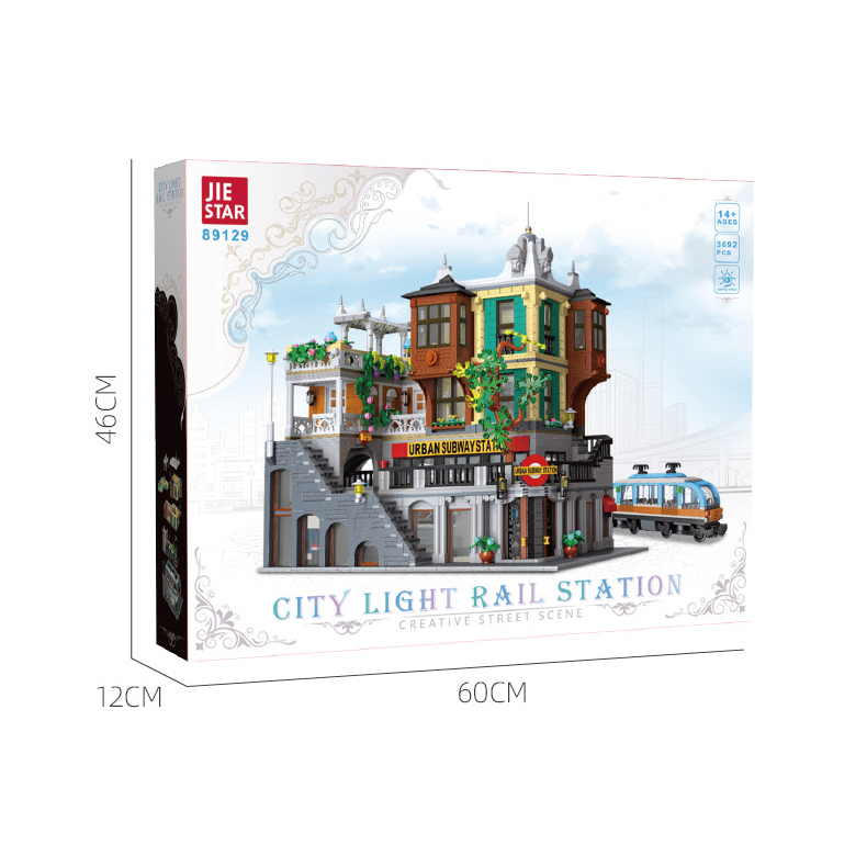 JIESTAR City Light Rail Station building blocks packaging box with modular street scene artwork and approximate box size dimensions