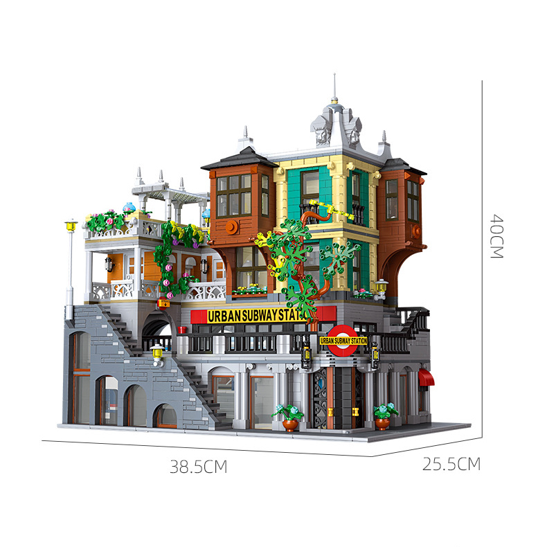 JIESTAR City Light Rail Station building blocks model with detailed urban architecture and approximate finished display size dimensions