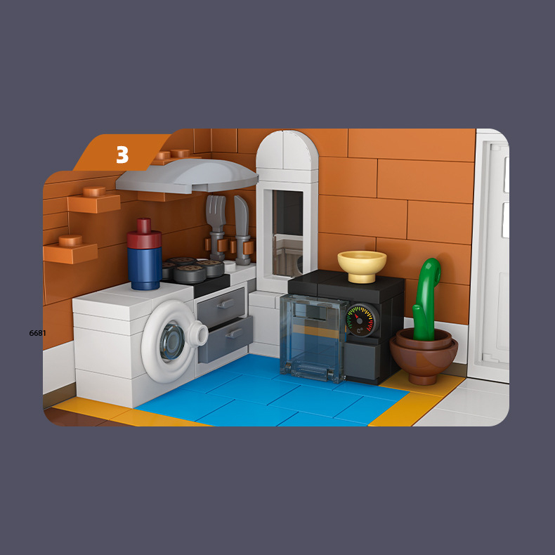 Mini interior utility room scene with washing machine, kitchen counter, storage cabinet, and home decor details inside the modular street scene building blocks set