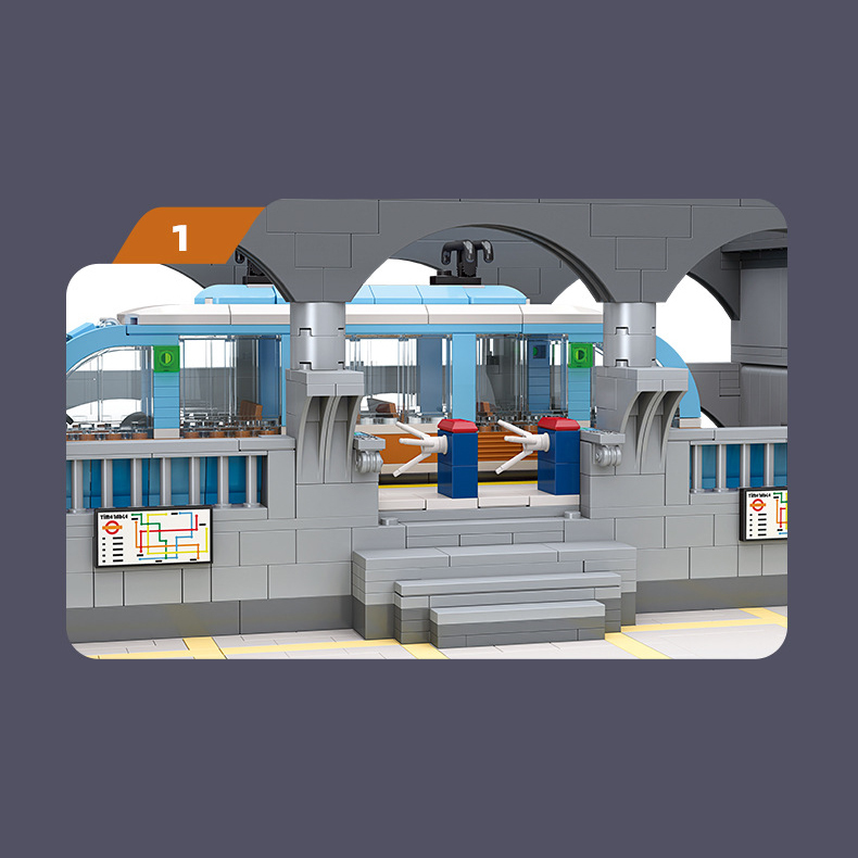 Detailed subway station entrance in the City Light Rail Station building blocks set featuring turnstiles, rail platform, transit map signs, and modern urban transport design