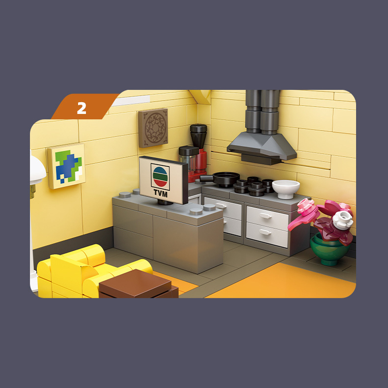 Interior room detail of the City Light Rail Station building blocks model with compact kitchen setup, furniture, decorative flowers, and cozy apartment-style layout