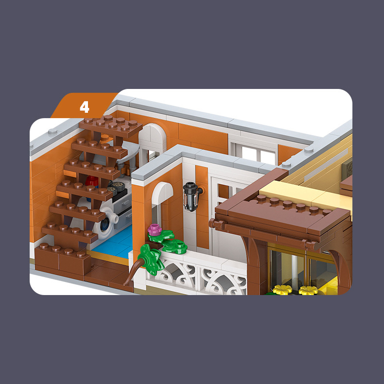 Close-up of the modular building interior featuring staircase details, balcony railing, doorway design, and layered urban apartment architecture elements