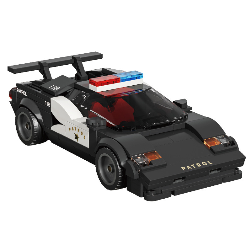 Xbert Highway Patrol building blocks police car with rear spoiler, tinted windshield, and compact sports car styling
