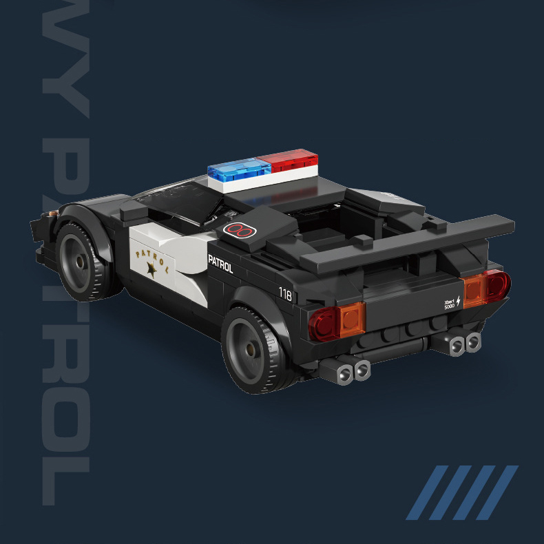 Rear view of Xbert Highway Patrol police car building blocks model with dual exhaust details and sporty patrol vehicle design