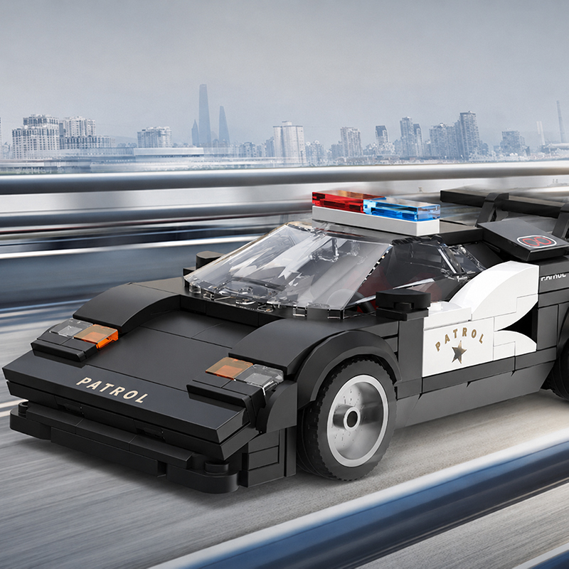 Xbert Highway Patrol police car building blocks model with sleek black and white body design and rooftop emergency light bar on a city highway scene