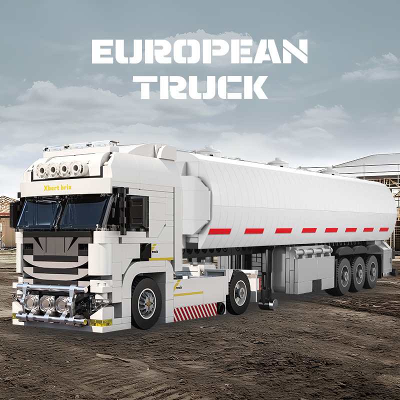 Xbert European truck with fuel tank trailer building blocks model displayed in an industrial transport scene