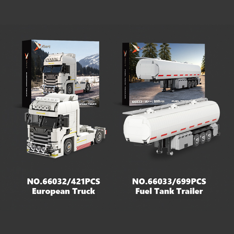 Xbert European truck and fuel tank trailer building blocks models with packaging box and piece count display