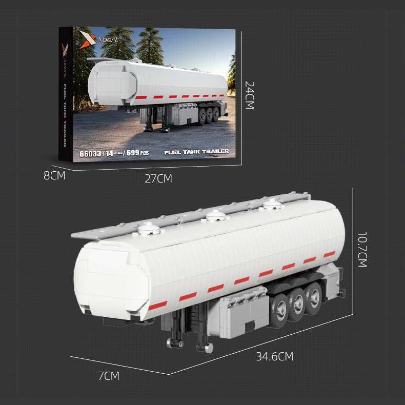 Xbert fuel tank trailer building blocks model with packaging box and completed model dimensions display