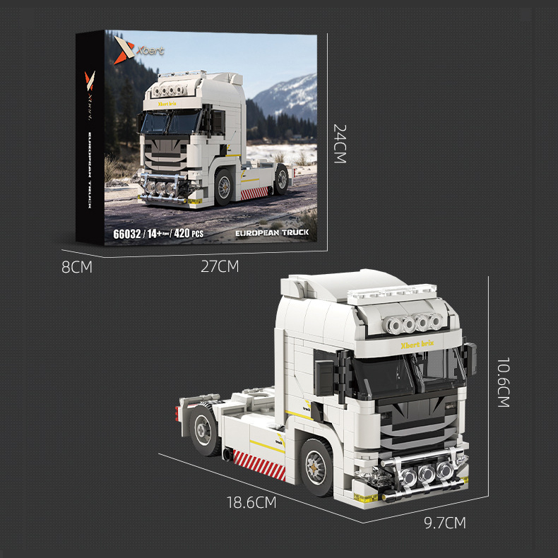 Xbert European truck building blocks model with product box and assembled vehicle size reference
