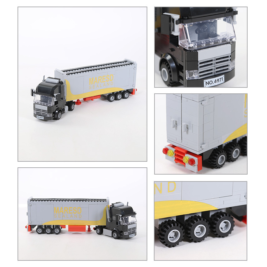 WANGE Container Truck building blocks model showcasing detailed truck cab, cargo container trailer, wheels, and rear transport design features